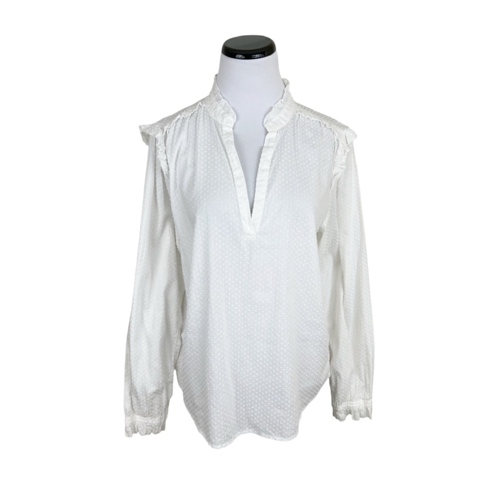 J Crew Sheer Ruffle Trim V-Neck Popover Clip Dot Blouse Top White Size Medium